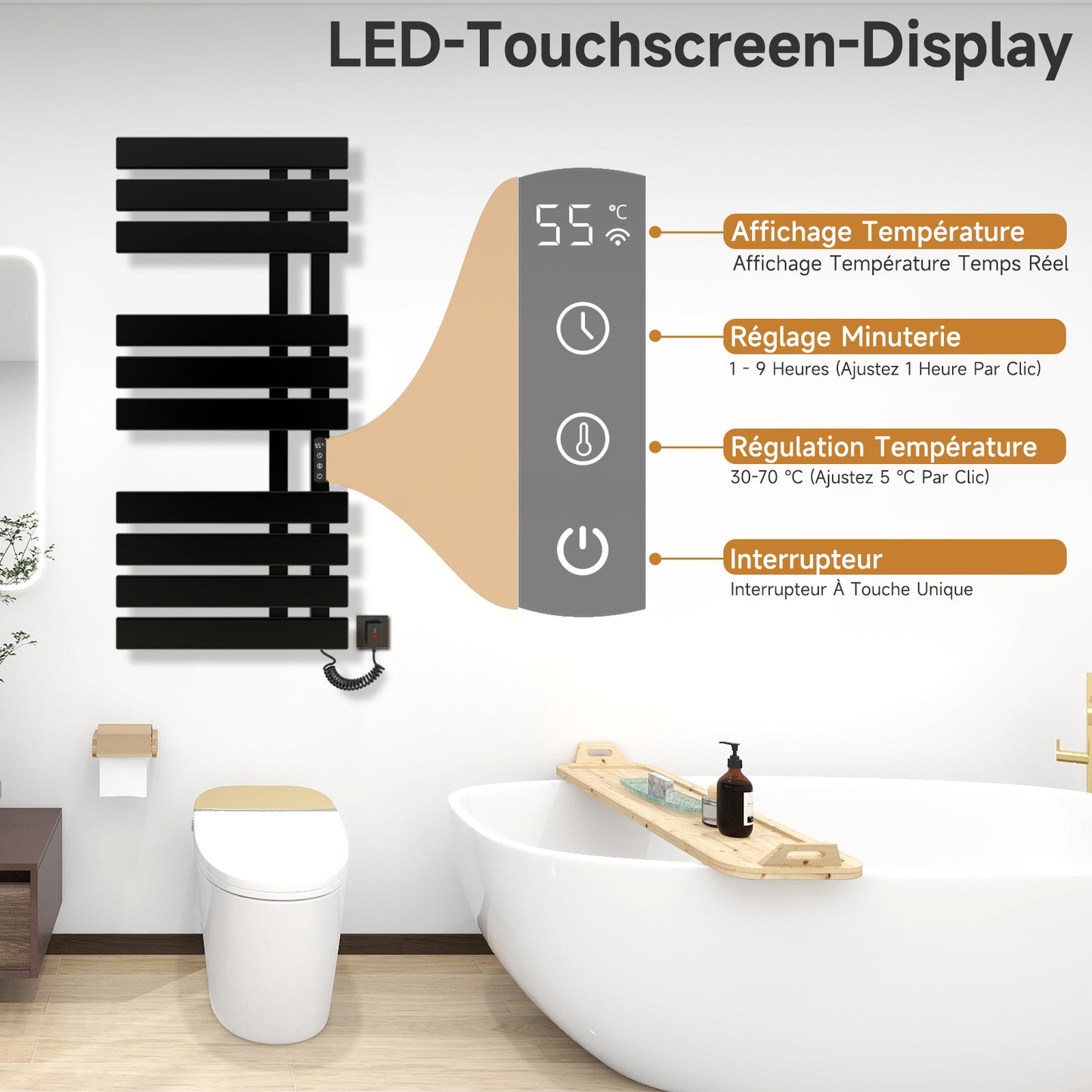 Sèche-serviette électrique, 500x1100mm Chauffe Serviette Thermostatique Intelligent, Mural Radiateur Salle de Bain, Serviettes Chauffant Seche, économie d'énergie,Affichage LED