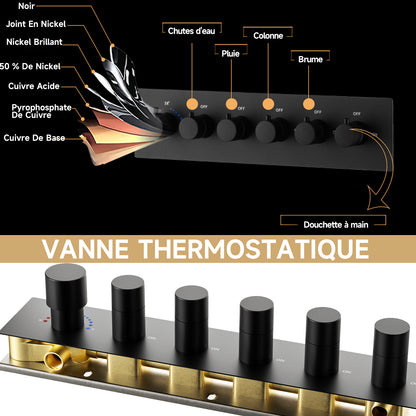 Colonne De Douche Thermostatique Multifonctionnelle, Set De Douche Encastré Noir, Douche De Tête 700×380 Mm Avec Lumières LED Colorées Et 5 Modes De Douche, Avec Douchette Et Robinetterie