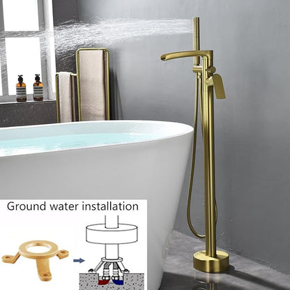 Robinet de Baignoire Ilot, Or Brossé Mitigeur Baignoire Ilot avec Douchette, Cascade Robinet de Baignoire sur Pied Rotation à 360° Moderne et Simple Laiton Robinet Mitigeur au Sol