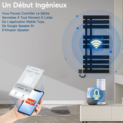 Seche Serviette Electrique, 500x1100mm, pour Commande Vocale/Tactile/APP, WiFi Sèche Serviette Électrique, pour Alexa et Google Home et APP, 380W, Radiateur Salle de Bain