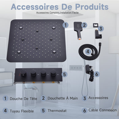 Colonne De Douche,Multifonctionnel Colonne De Douche sans Mitigeur,Colonne Douche Encastrable, avec Douche De Tête,Lumières LED Colorées,douchette À Main,Colonne De Douche Thermostatique Noir
