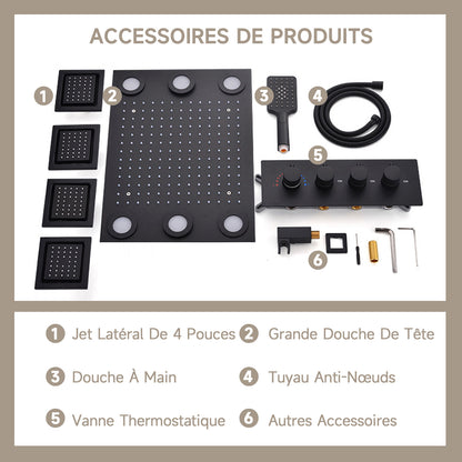 Colonne De Douche,Multifonctionnel Colonne De Douche Thermostatique Noir,Colonne Douche Encastrable,Avec Douche De Tête,Douchette À Main,Lumières LED Colorées,Jet Latéral De 4 Pouces Ensemble Douche