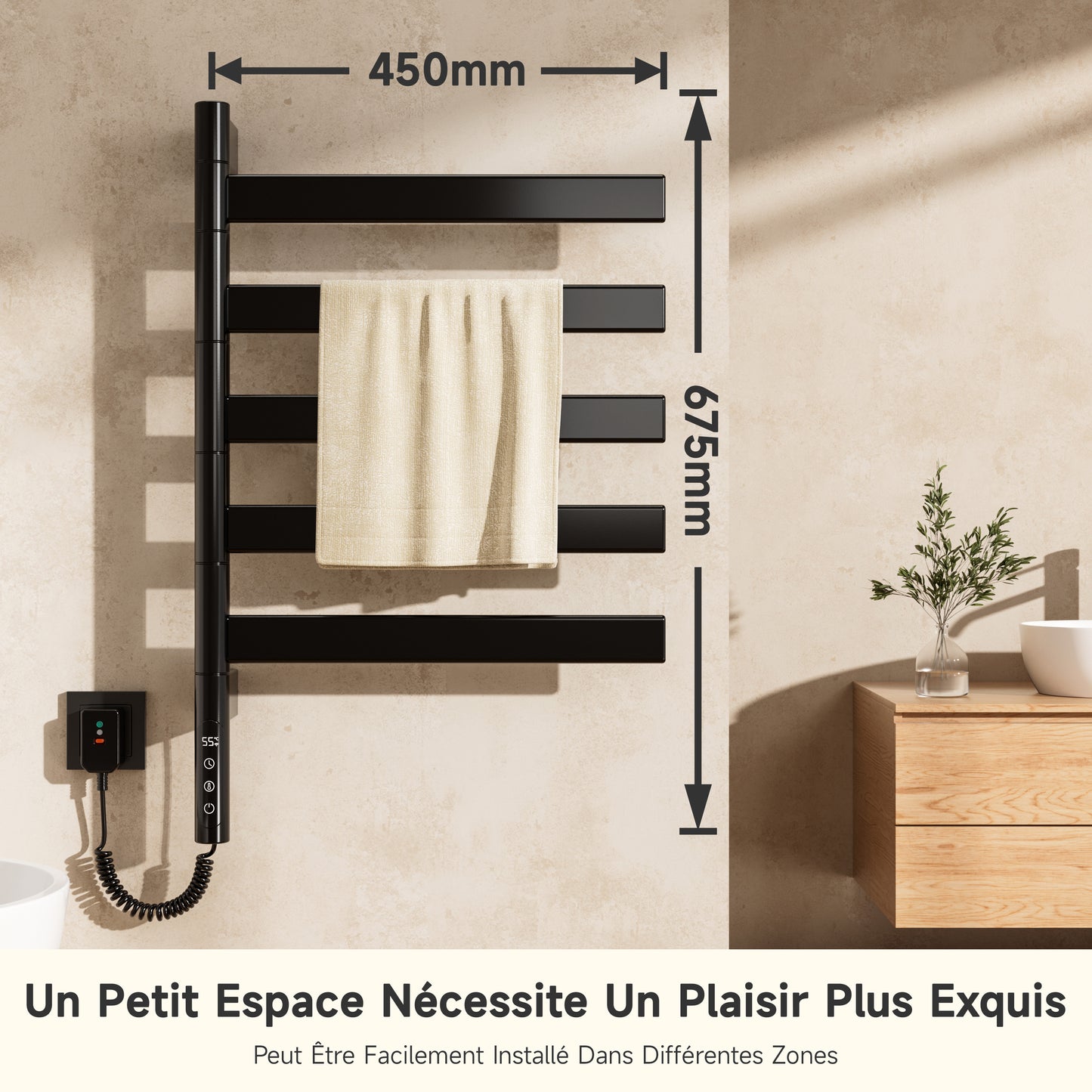 Sèche-Serviettes Électrique 675×450 Mm ,Rotation 180° Chauffe Serviette Salle De Bain,sèche Serviette Intelligent À Température Constante WiFi,Fonctionne Avec Alexa Et Google Home Et App