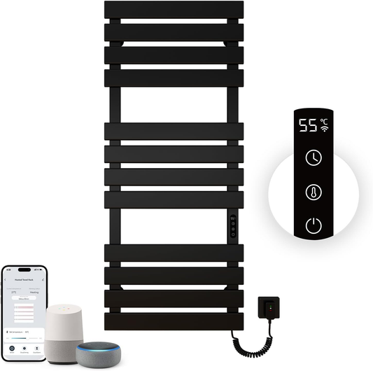 OihPaw Sèche Serviettes Électrique,1300x550mm Porte-Serviettes électrique Noir Droite WiFi Compatible avec App Alexa Google Assistant,526W seche Serviette Electrique,1-9H Minuterie Thermostat