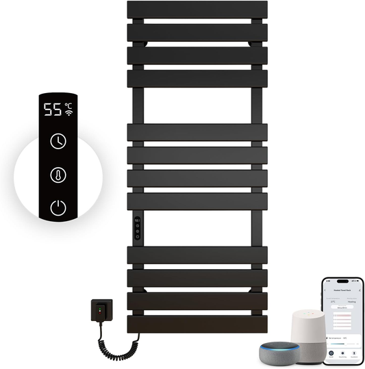 OihPaw Sèche Serviettes Électrique,1300x550mm Porte-Serviettes électrique Noir Gauche WiFi Compatible avec App Alexa Google Assistant,526W seche Serviette Electrique,1-9H Minuterie Thermostat