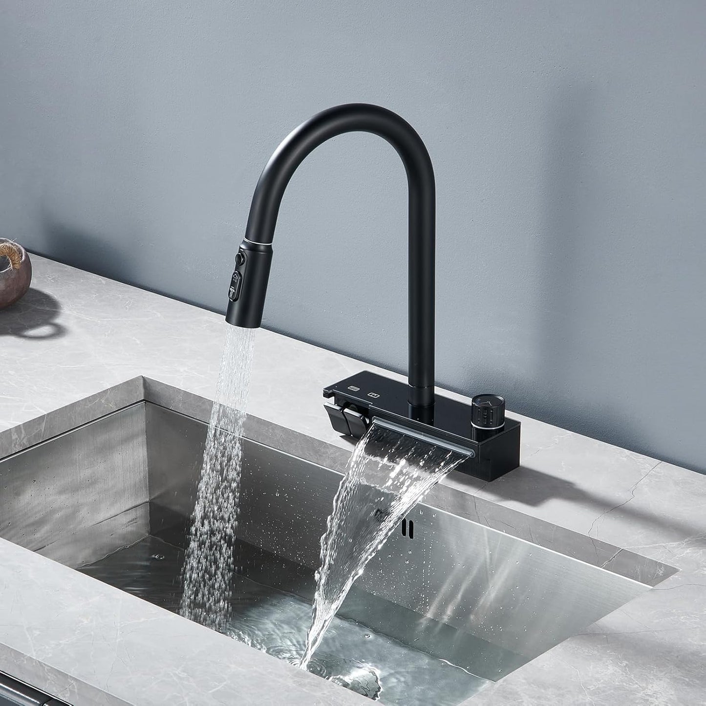 Robinet de Cuisine Cascade avec Douchette Extensible, Mitigeur Cuisine Cascade Unique avec Touches Piano et Bouton Rotatif, 4 Modes Robinet d'Évier de Cuisine Pivotant à 360°
