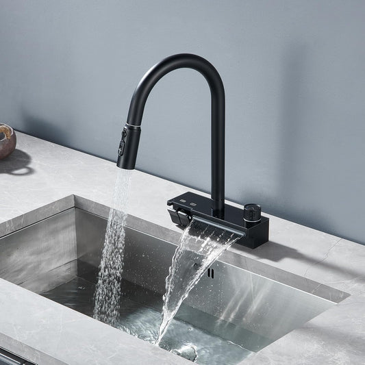 Robinet de Cuisine Cascade avec Douchette Extensible, Mitigeur Cuisine Cascade Unique avec Touches Piano et Bouton Rotatif, 4 Modes Robinet d'Évier de Cuisine Pivotant à 360°
