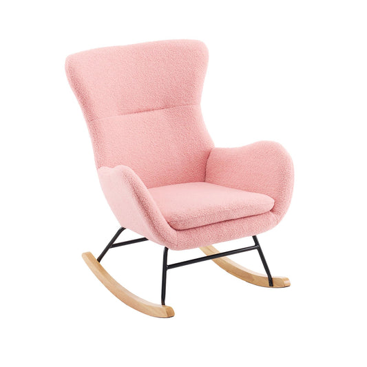 Fauteuil à Bascule, Allaitement Rocking Chair Épaissir Rembourré, Scandinave Velours Peluche Chaise Loisir avec Pieds en Bois Massif, Capacité 150 kg, pour Salon, Chambre, Balcon, 96x68x90cm