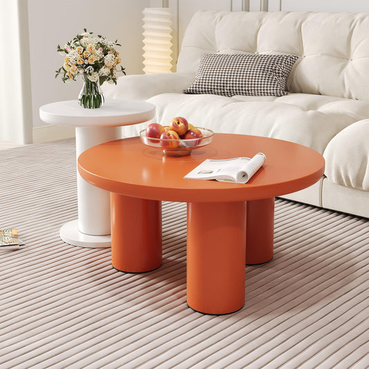 Peiaw Table Basse,Table Basse Minimaliste Moderne,Ensemble de Table Basse Ronde,Table Basse Blanche et Orange de Style crème,Colonne de Support cylindrique,Table Basse 39,8x39,8x42,2 + 100x100x40 cm