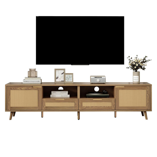 Meuble TV 200cm, Armoire De Télévision Rotin Tressé, Meuble Télé de Salon Pieds D'armoire Réglables, Table Télévision Convient Aux Téléviseurs de 90 Pouces, 2 Portes, 2 Tiroirs et 2 Étagères Ouvertes