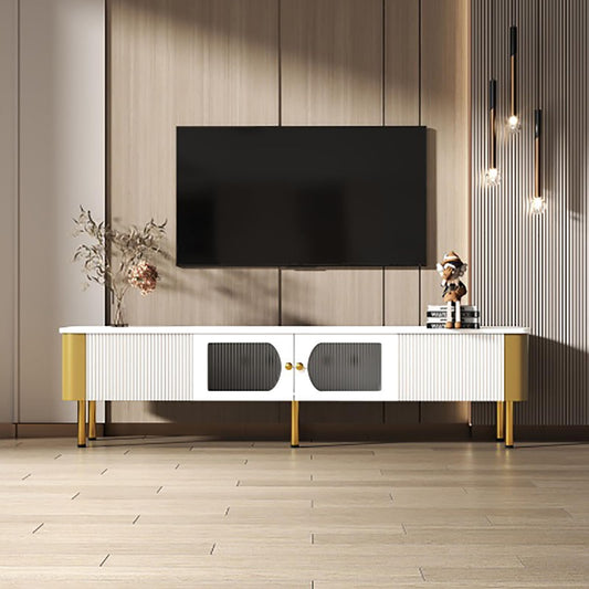Meuble TV, Meuble TV avec tiroirs et armoires de Rangement, Panneaux latéraux et Pieds dorés, Porte d'armoire en Verre texturé, Meuble TV de Salon Blanc, Longueur 170 cm, Largeur 34 cm, Hauteur 45 cm
