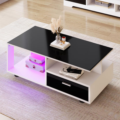 Table basse,Table basse salon,Table basse blanche et noire,Table basse LED moderne,Avec plateau noir brillant,Avec espace de rangement,Table basse avec deux tiroirs,Table basse 110 x 38,5 x 55 cm