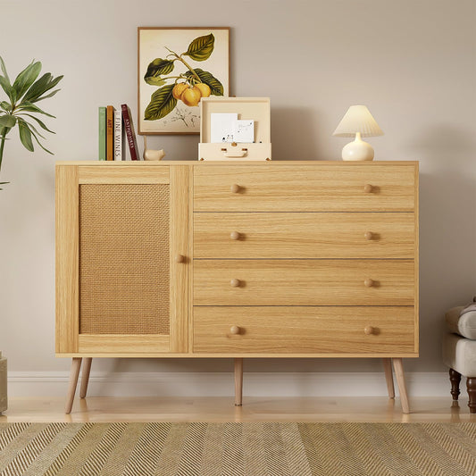 Buffet,meuble de rangement cuisine,Buffet en bois, meuble de rangement multifonctionnel,buffet bas,Commode avec 4 tiroirs et 1 porte en rotin, buffet avec grand espace de rangement 120 x 40 x 83 cm