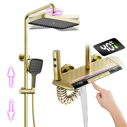 Colonne de Douche Dorée Brossé Thermostatique Mitigeur en Laiton Systeme de Douche Affichage Numérique LED Ensemble de Douche Pommeau De Douche, Douchette, Robinet De Baignoire