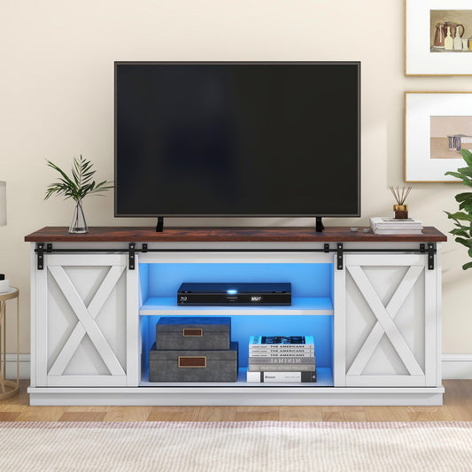 Meuble TV 150 cm Longueur Banc TV Blanc de Style Rétro avec Portes Coulissantes, Base Renforcée, Étagères Réglables, Éclairage LED 16 Couleurs, Grand Espace de Rangement, pour Téléviseur Jusqu'à 60''