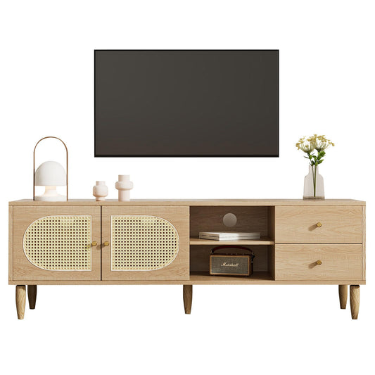 Billg Meuble TV 150cm, Armoire De Télévision 2 Portes Tressées en Rotin, Meuble Télé de Salon Pieds D'armoire Réglables, Table Télévision Convient pour Un Téléviseur de 60 Pouces, 3 Trous pour Câbles