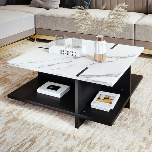 Peiaw Table Basse,Table Basse Blanche et Noire,Table Basse carrée,Table Basse Aspect marbre Blanc,Table Basse Moderne et Minimaliste,Quatre Compartiments de Rangement Ouverts,Table Basse 72x72x32cm