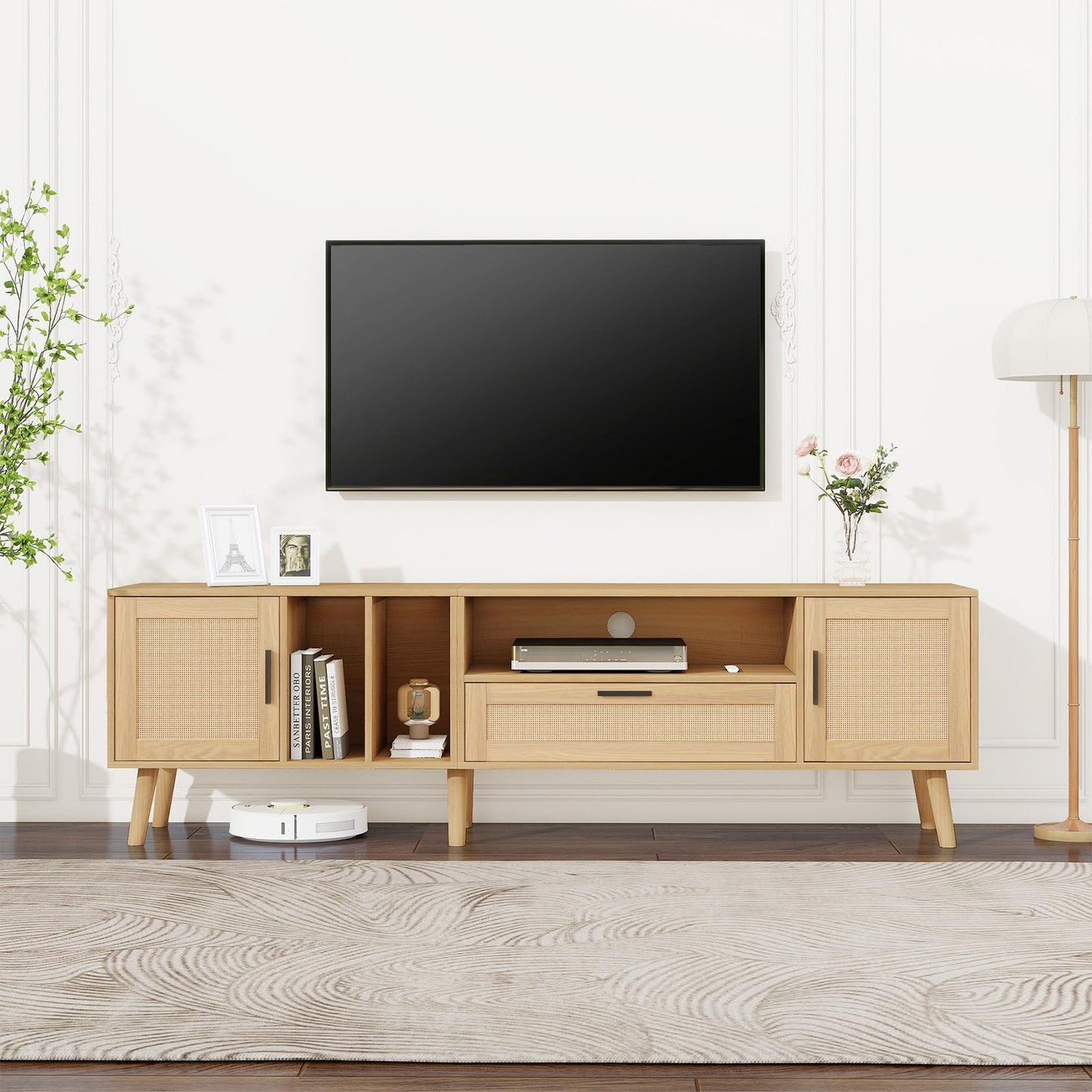 Meuble TV 180cm, Armoire De Télévision Rotin Tressé, Meuble Télé de Salon Pieds en Bois Massif, Table Télévision Convient Aux Téléviseurs de 80 Pouces, 2 Portes, 1 Tiroirs et 3 Étagères Ouvertes