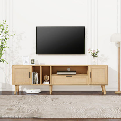Meuble TV 180cm, Armoire De Télévision Rotin Tressé, Meuble Télé de Salon Pieds en Bois Massif, Table Télévision Convient Aux Téléviseurs de 80 Pouces, 2 Portes, 1 Tiroirs et 3 Étagères Ouvertes