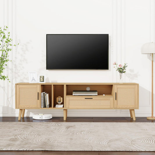Meuble TV 180cm, Armoire De Télévision Rotin Tressé, Meuble Télé de Salon Pieds en Bois Massif, Table Télévision Convient Aux Téléviseurs de 80 Pouces, 2 Portes, 1 Tiroirs et 3 Étagères Ouvertes