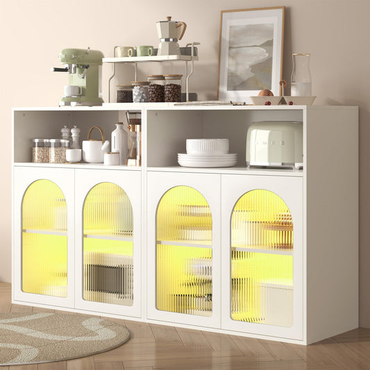 Buffet de Cuisine, Armoire de Salon Éclairage LED, Bibliothèque Étagères Réglables, Meuble de Rangement Surface Anti-Rayures, Vaisselier Porte Blister en Verre, 140 x 35 x 90 cm, 4 Portes Vitrées