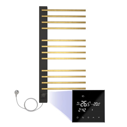 Sèche-Serviette Électrique, 140W Chauffe-Serviettes Mural 1120x600mm, Porte-Serviettes Chauffant Électrique avec Minuterie Thermostat Écran LED, Radiateur Salle de Bain, Noir et Or