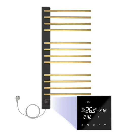 Sèche-Serviette Électrique, 140W Chauffe-Serviettes Mural 1120x600mm, Porte-Serviettes Chauffant Électrique avec Minuterie Thermostat Écran LED, Radiateur Salle de Bain, Noir et Or