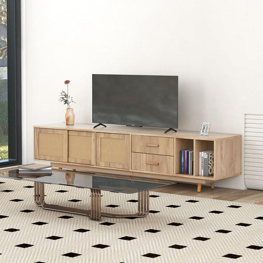 Meuble TV de Style Bohème en Rotin pour Téléviseurs de 80 Pouces, Meubles TV Bois, Banc TV Rustique avec 2 Casiers, 2 Tiroirs, 2 Étagères Ouvertes, Chambre Meuble Salon, 190x40x52 cm, Chêne Naturel