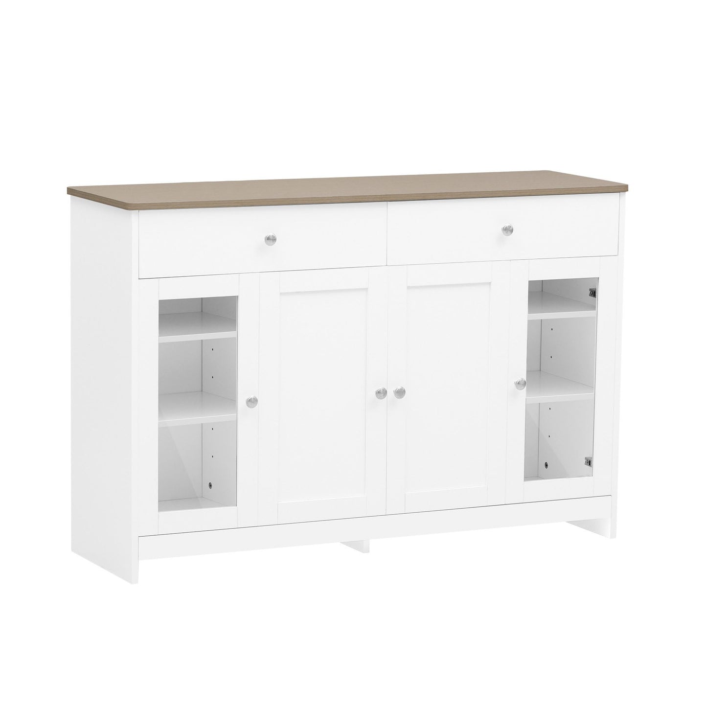 SHUGUANG 120 x 37 x 80 cm Bahut de Salle a Manger Blanc, Buffet Moderne avec 2 Tiroirs et 2 Portes D'armoire et 2 Porte D'armoire Vitrée, Armoire de Salon pour Cuisine, Salon, Salle à Manger