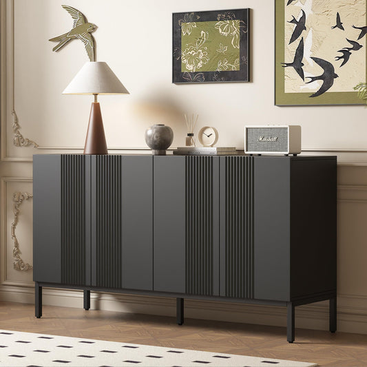Buffet Blanc Moderne à 4 portes, Buffet Salle a Manger aux Lignes Uniques, Étagères Réglables, Porte sans Poignée, Beaucoup d'espace de Rangement, Vaisselier Bois, pour Salle à Manger Salon Cuisine