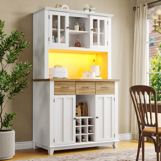 Armoire de Cuisine, Enfilade Buffet Haute, Vitrine avec Étagères Réglables et Casier à Vin, Buffet de Salon avec Éclairage LED, Beaucoup D'espace de Rangement, 106*40*179.5cm (Tiroirs Blanc/Bois)