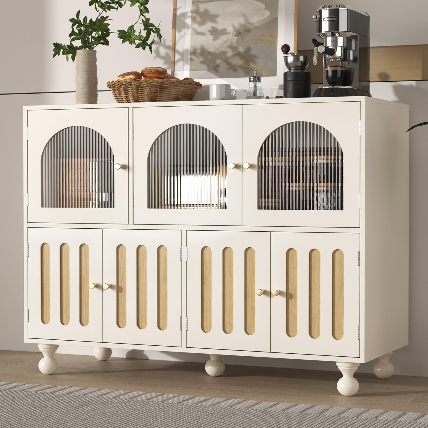 Buffet Salon Moderne, Longue Porte en Verre au Design Arc-en-ciel, Porte de Bar à clés de Piano, Pieds de Colonne Ronds, Armoire de Rangement Élégante, Armoire de Buffet au Design Unique, Blanc/Noir