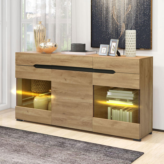 Buffet Salon LED, Meuble Buffet avec 3 Portes 3 Tiroirs, Vitrine Couleur Bois, Commode de Chambre Moderne et Élégante, Beaucoup D'espace de Rangement, Portes Acrylique Transparent, 140x35x80 cm