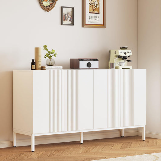 Buffet Blanc Moderne à 4 portes, Buffet Salle a Manger aux Lignes Uniques, Étagères Réglables, Porte sans Poignée, Beaucoup d'espace de Rangement, Vaisselier Bois, pour Salle à Manger Salon Cuisine
