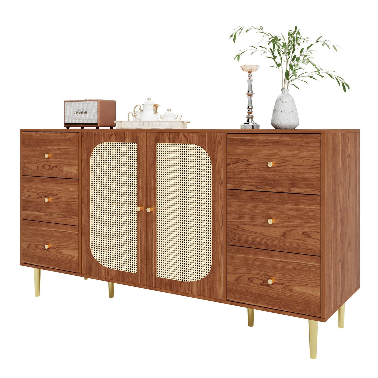 Sideboard, Kommode, Küchenschrank Rattan-Schranktür, Mehrzweckschrank mit 2 Türen und 6 Schubladen, Schubladenschrank Kippschutz, Aufbewahrungsschrank Kratzfeste Oberfläche, 160 x 90 x 40 cm (B/H/T)