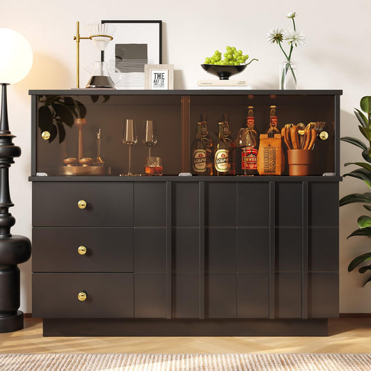 Peiaw Buffets, Meuble de Rangement,Meubles de Salon Modernes,Armoires de Cuisine Noir,Commode avec poignées dorées et Portes coulissantes en Verre fumé,Buffet avec 2 Portes et 3 tiroirs 120×33×95 cm