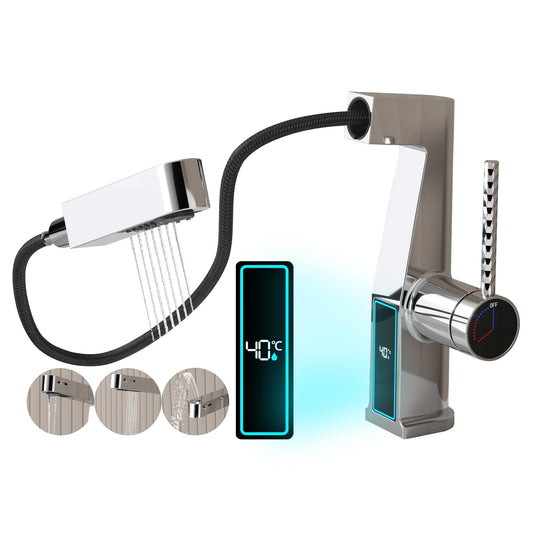 Robinet de Lavabo avec Douchette 3 Modes, Extractible Robinet de Salle de Bain avec Affichage Numérique LED Mitigeur Lavabo Monocommande Chaude et Froide Robinet Salle de Bain