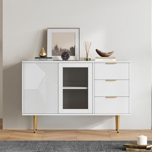 Meuble de Rangement, Buffet Cuisine 2 Portes 3 Tiroirs, Commode Conception sans Poignée, Armoire de Salon Anti-Basculement, Bibliothèque Portes en Verre et Pieds en Métal, 120 x 38 x 79.5cm