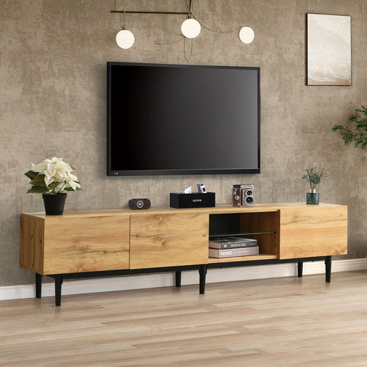 SHUGUANG Meuble TV Moderne Grain de Bois, Meuble TV LED avec 3 Casiers et 1 Étagère Ouverte, 175x31x41cm, Banc TV de Style Rustique et Minimaliste pour Téléviseurs Jusqu'à 70 Pouces, Meubles Salon
