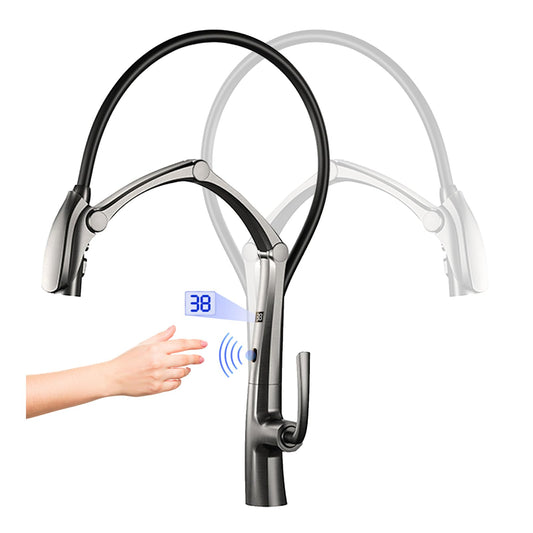 Robinet Cuisine Sans Contact, Robinet De Cuisine Avec Douchette Rotatif à 360° Et Affichage De La TempéRature à Led, Mitigeur Cuisine Touchless Sensor 3 Modes D'éCoulement De L'Eau, Laiton (Gris)