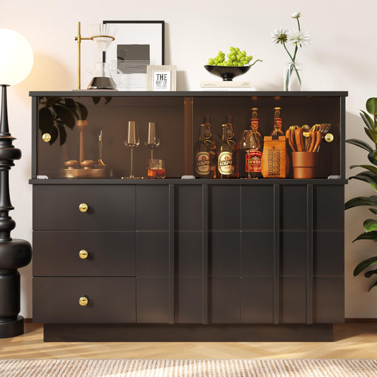Buffet Moderne Élégant avec Portes en Verre Fumé, Meuble de Rangement avec 3 Tiroirs et 2 Portes, Meuble Buffet pour Salle à Manger Salon et D'entrée, Armoires Blanches/Noires, 120 × 33 × 95 cm
