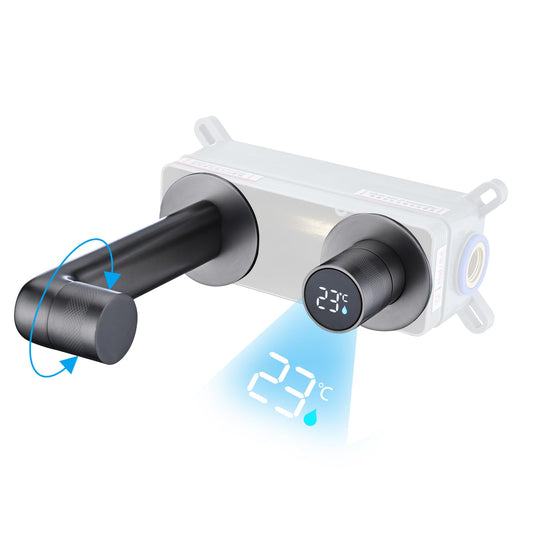 Robinet de Lavabo Rotation à 360°, Gris Pistolet Robinet de Salle de Bain avec Affichage Numérique LED Mitigeur Lavabo Monocommande Chaude et Froide Robinet Salle de Bain avec Boîtier Intégré
