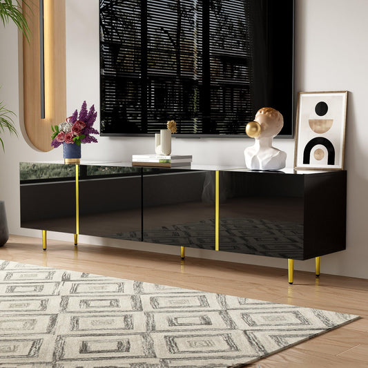 Meuble TV Moderne et Simple, 170 cm Banc TV Brillant avec Quatre Portes, Accents Dorés, Console Multimédia TV pour Les TV jusqu'à 70", Grand Espace de Rangement, Meuble Salon, Facile à Assembler