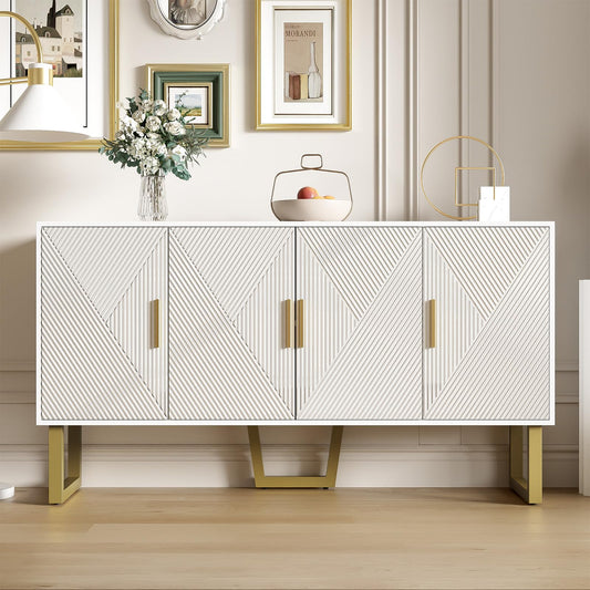 Buffet, meuble de rangement vertical Blanc, armoire multifonctionnelle, très grand espace de rangement, buffet avec portes brillantes et poignées dorées, design 4 portes, Buffet 150 x 40 x 82 cm