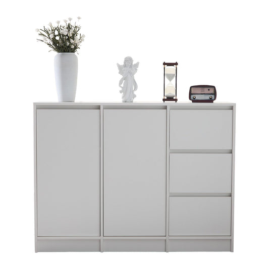 Meuble de Rangement, Buffet de Cuisine avec 2 Portes et 3 Tiroirs, Armoire de Salon Conception sans Poignée, Étagère Rangement Étagères Réglables, Charnière Amortissante, 120 x 35 x 90 cm