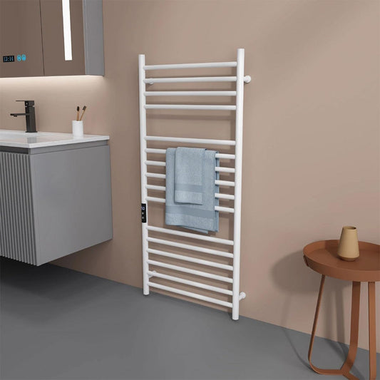 Sèche-Serviettes Électrique, 200W Radiateur Salle de Bain Affichage Numérique Porte-Serviettes Chauffant Murale 16 Barres Sèche-Serviettes Chauffant 304 Acier Inoxydable, 115 * 48 * 1.2cm