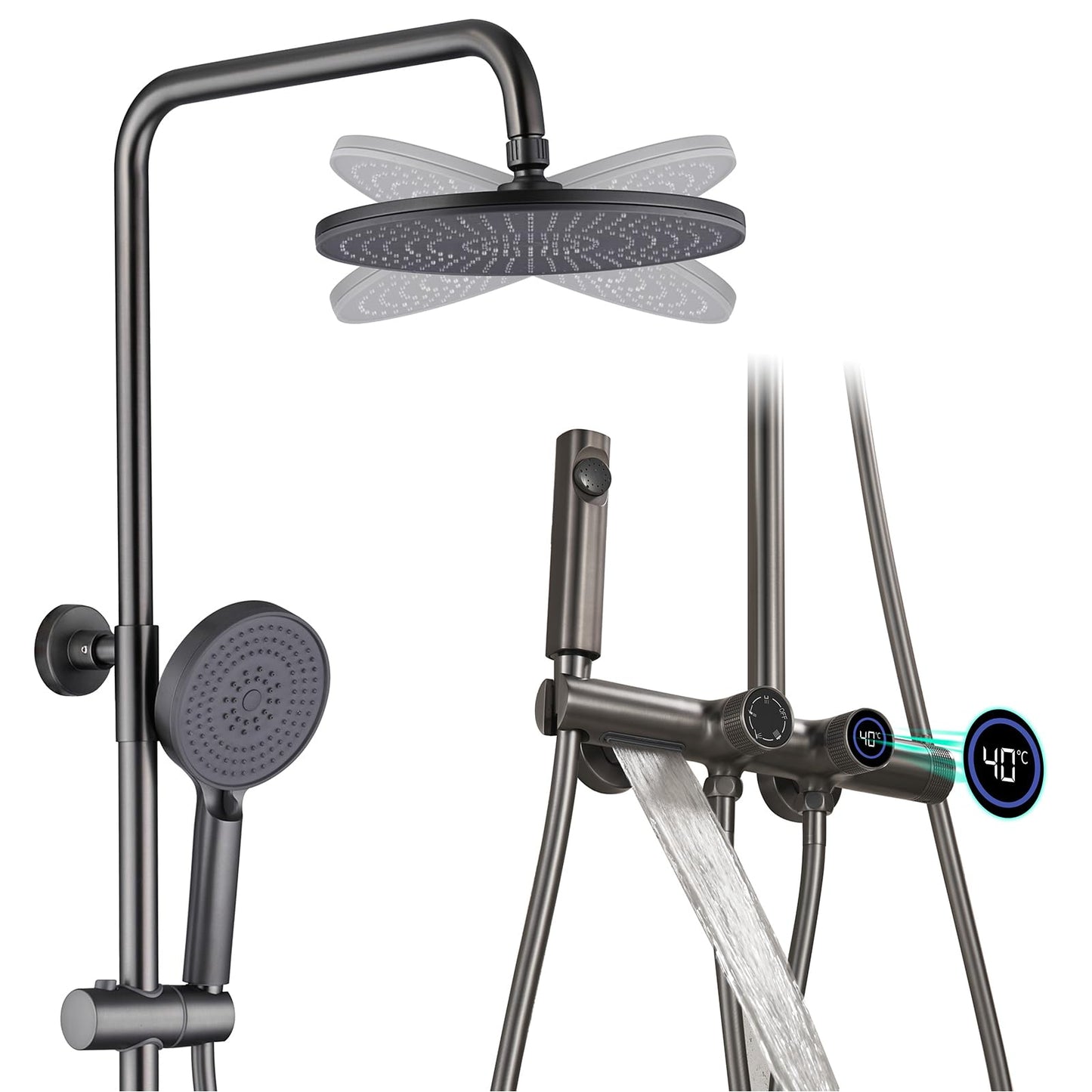 OihPaw Colonne De Douche Thermostatique, Ensemble De Douche Mural 4 Fonctions Avec Affichage NuméRique Led Pomme De Douche Ronde De 26 Cm, Douchette à Main, Robinet De Bain Cascade