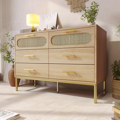 SHUGUANG Buffet en Rotin avec 6 Tiroirs, Commode de Chambre Style Bohème, Vaisselier, Meuble de Rangement pour Salon et Entrée, Poignées en Métal Doré, Anti-Inclinaison, 120 x 40 x 74 cm, Chêne