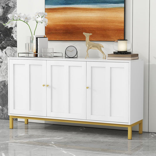 Peiaw Buffet,Armoire de Cuisine, Meuble de Rangement,Buffet de Table en marbre Blanc,avec 3 Portes, Buffet avec poignées dorées et Pieds dorés,140 x 39.8X 78.2 cm,pour Cuisine,Salon et Salle à Manger