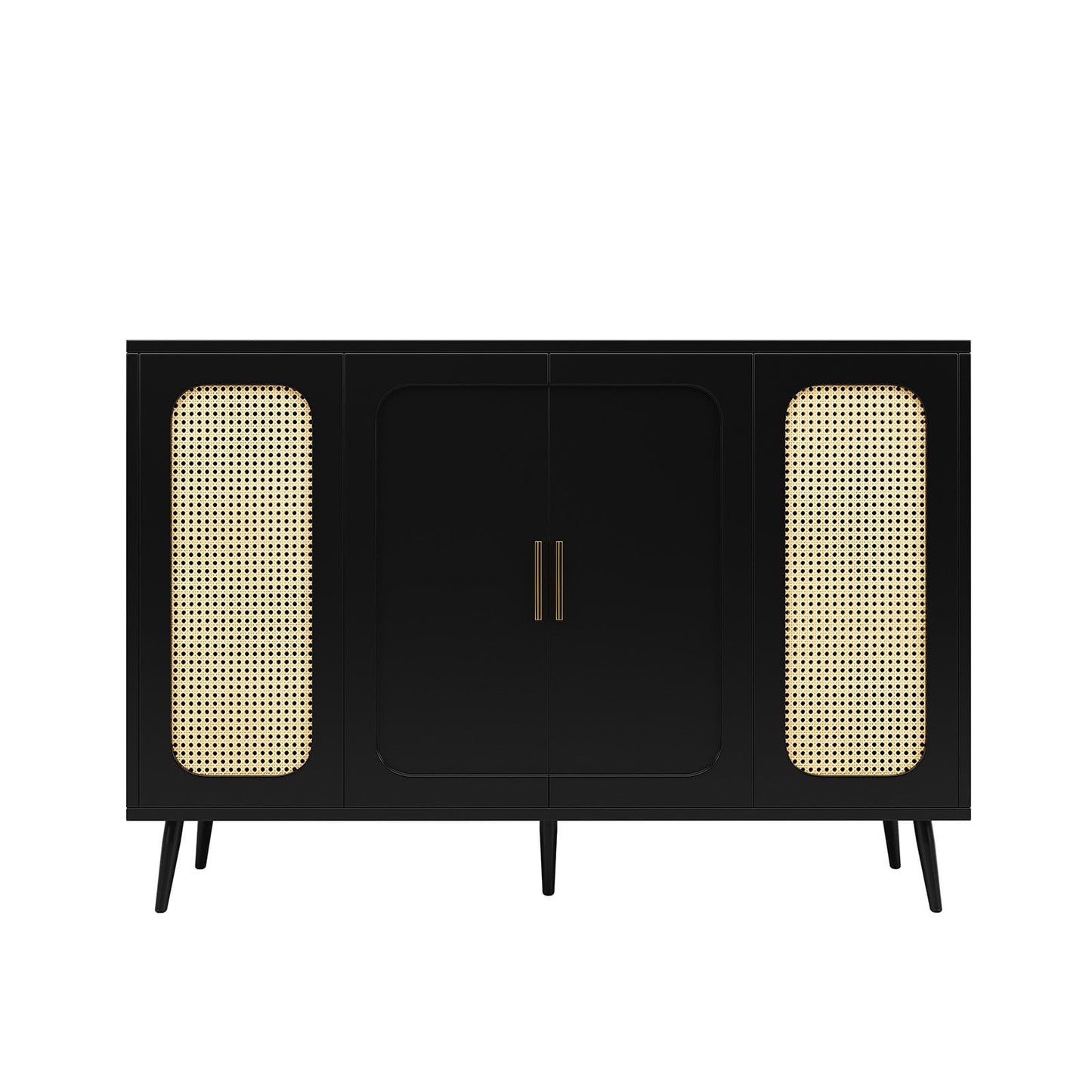 Buffet Cuisine, Meuble de Rangement, Commode 4 Portes, Armoire de Salon Porte D'armoire en Rotin, Bibliothèque Anti-Basculement, Étagères Réglables, Porte Blister, 120 x 89 x 35 cm (L/H/P), Noir